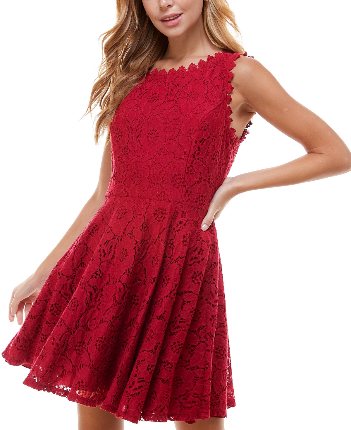 City Studios Juniors' Lace Fit & Flare Dress In Cabernet | ModeSens