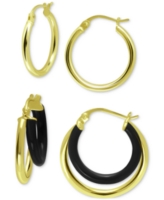 2-Pc. Set Polished and Black Enamel Small Hoop Earrings - Gold Over Silver