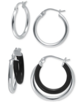 2-Pc. Set Polished and Black Enamel Small Hoop Earrings - Sterling Silver