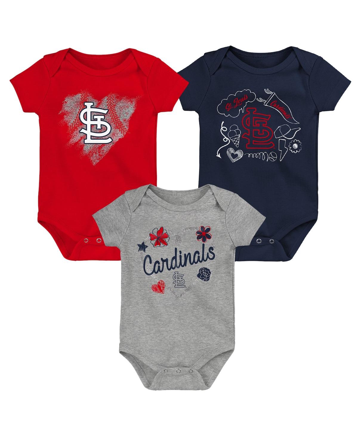 Outerstuff Girls Newborn And Infant Red, Navy, Heathered Gray St. Louis Cardinals 3-pack Batter Up Bodysuit Set In Red,navy,gray