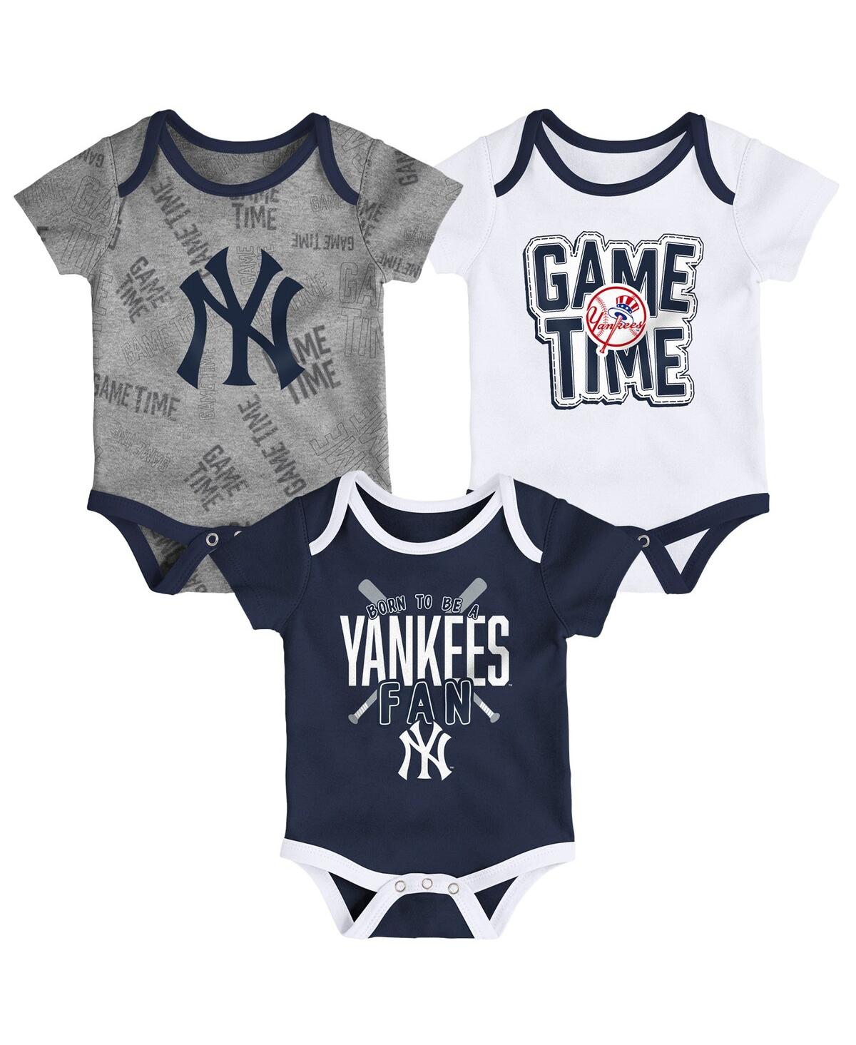 Outerstuff Babies' Newborn And Infant Boys And Girls New York Yankees Navy, White, Heathered Gray Game Time Three-piece In Navy,white,heathered Gray