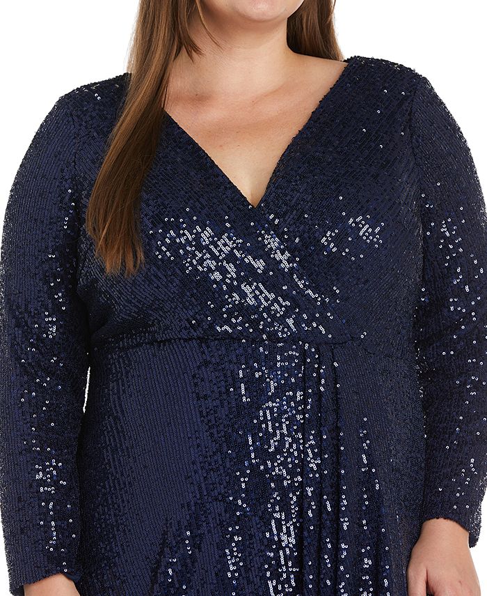 Nightway Plus Size Long-Sleeve V-Neck Sequin Gown - Macy's