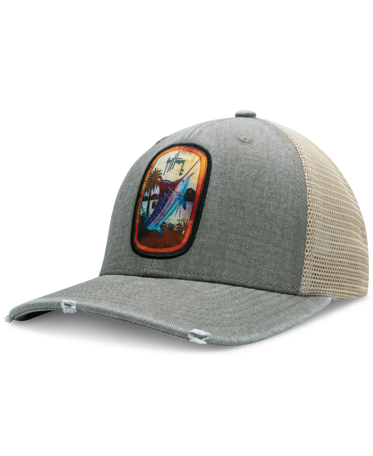 Shop Guy Harvey Men's Sublimated Dominica Patch Distressed Trucker Hat In Charcoal Heather