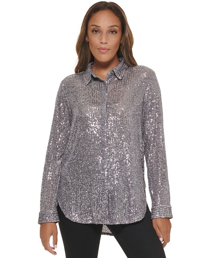 Calvin Klein Women's Oversized Sequin Button Down Shirt & Reviews - Tops -  Women - Macy's