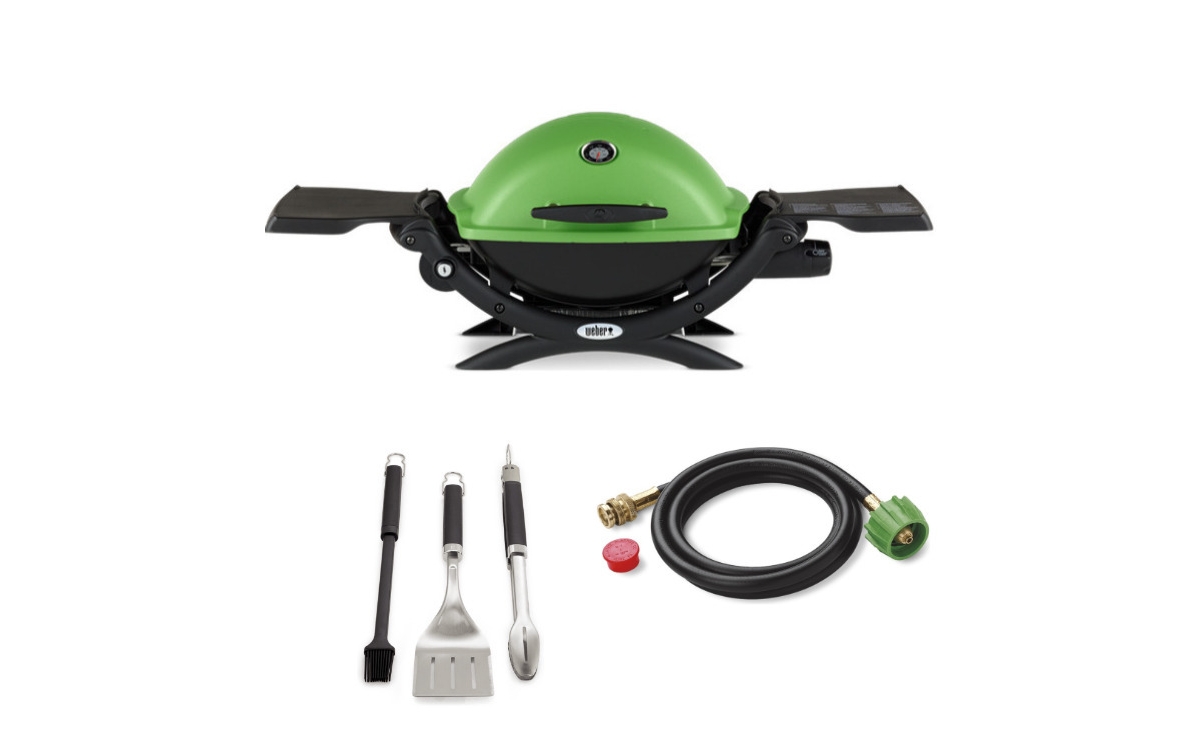 Q 1200 Gas Grill (Green) With Adapter Hose And 3-Piece Grill Set - Green