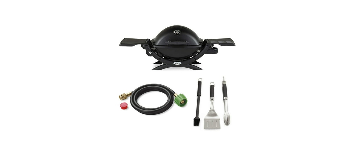 Q 1200 Gas Grill (Black) With Adapter Hose And 3-Piece Grilling Tool Set - Black