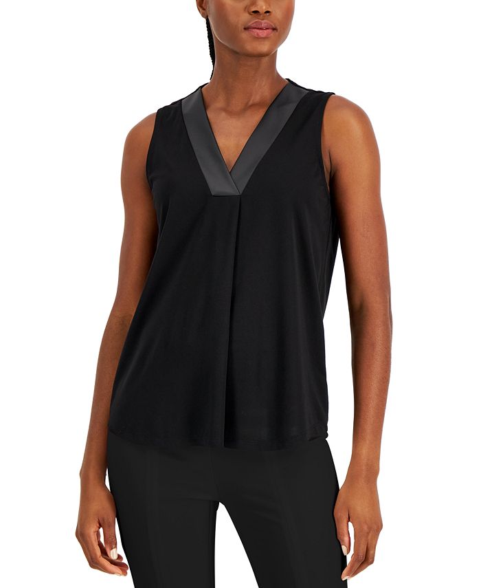 Anne Klein Women's Faux-Leather Trim Sleeveless Top - Macy's