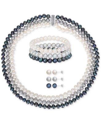 7-Pc. Set White, Black, & Gray Cultured Freshwater Pearl (7-1/2 - 8mm) Necklace, Bracelets, & Stud Earrings
