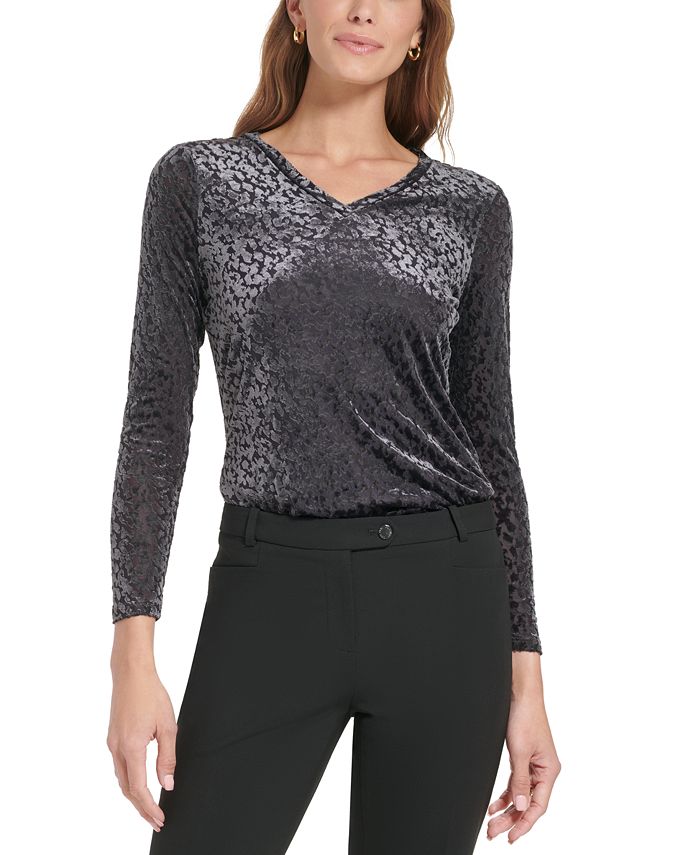 Calvin Klein Womens Textured Animal Print Top Silver Size Large main image 1