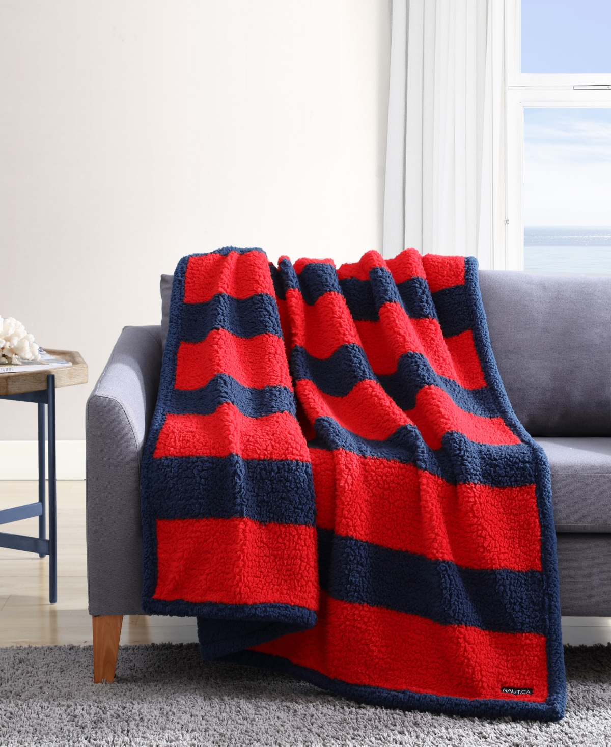 Nautica Lawndale Sherpa Reversible Throw Blanket, 60" X 50" In Blue,red