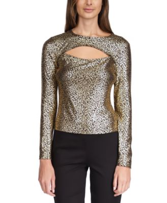 Michael Kors Women s Metallic Cat Print Cutout Long Sleeve Top Macy s