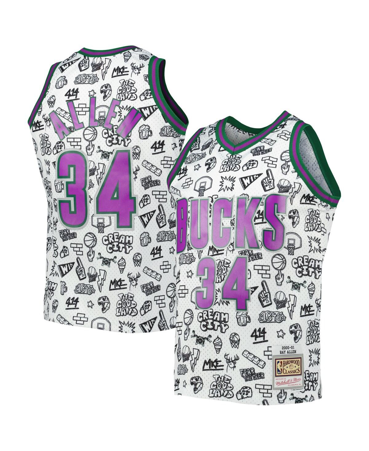 Men's Mitchell & Ness Ray AllenMilwaukee Bucks 2000-01 Hardwood Classics Doodle Swingman Jersey - White