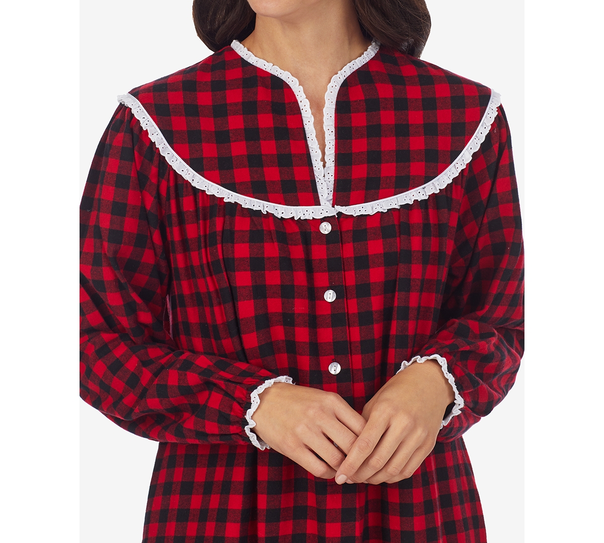 Lanz of Salzburg Cotton Lace-Trim Flannel Nightgown
