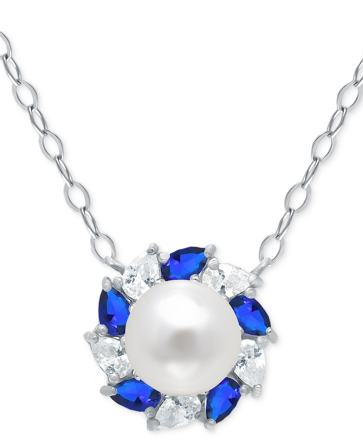 Giani Bernini Freshwater Pearl (6mm), Lab-created Blue Sapphire (1/6 Ct. T.w.), & Cubic Zirconia Halo Pendant Neck In Sterling Silver