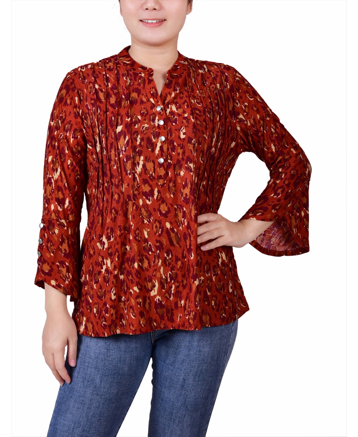 Women's 3/4 Sleeve Overlapped Bell Sleeve Y-Neck Top - Rust Gold-Tone Purple