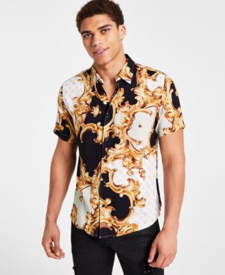 GUESS Men's Gold & Black Short-Sleeve Peony Print Shirt - Macy's