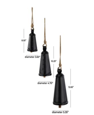 Black Metal Bohemian Decorative Cow Bell with Jute Hanging Rope Set 3 Pieces