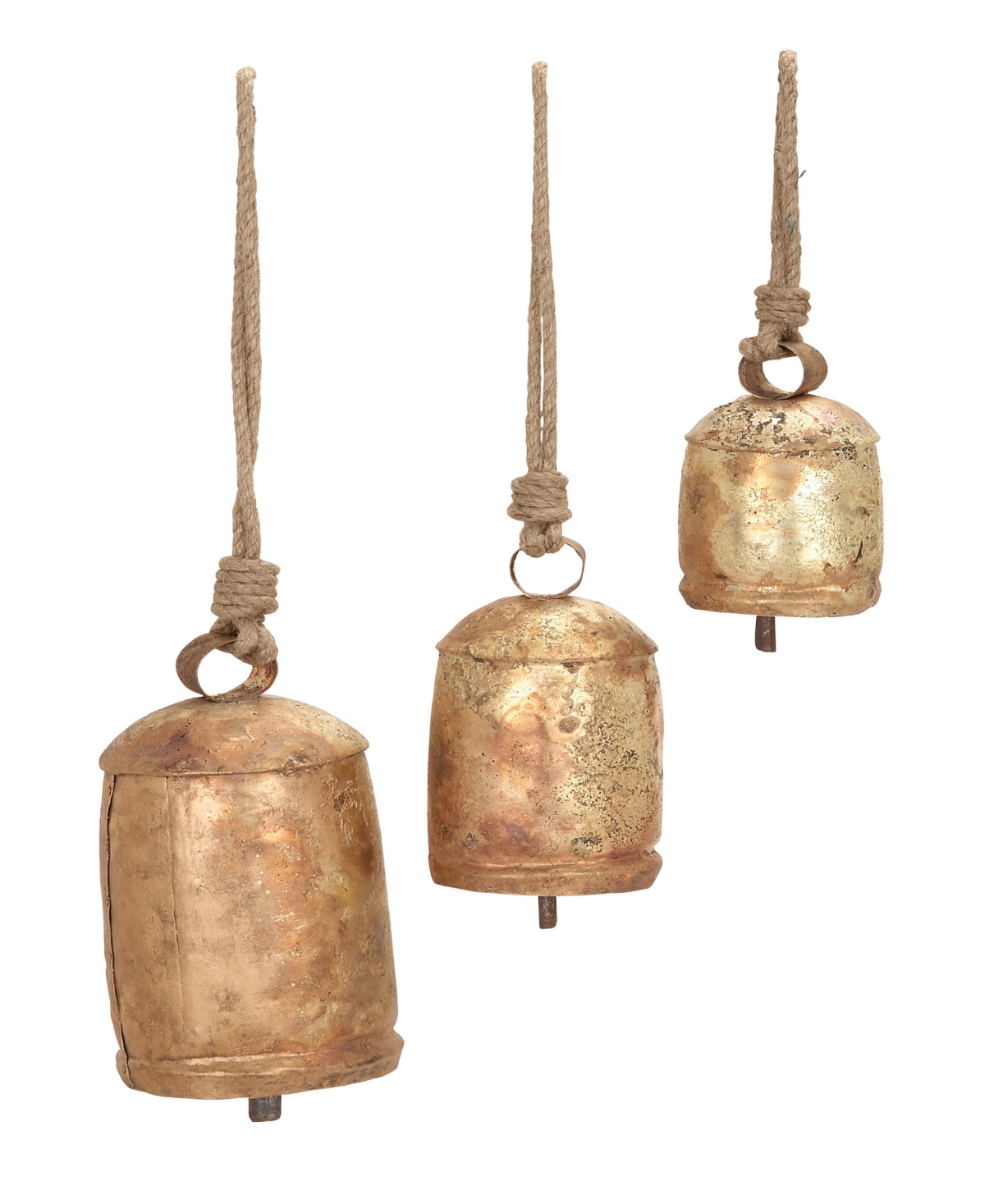 Rosemary Lane Bronze Metal Rustic Decorative Cow Bell With Jute Hanging Rope Set 3 Pieces In Gold-tone