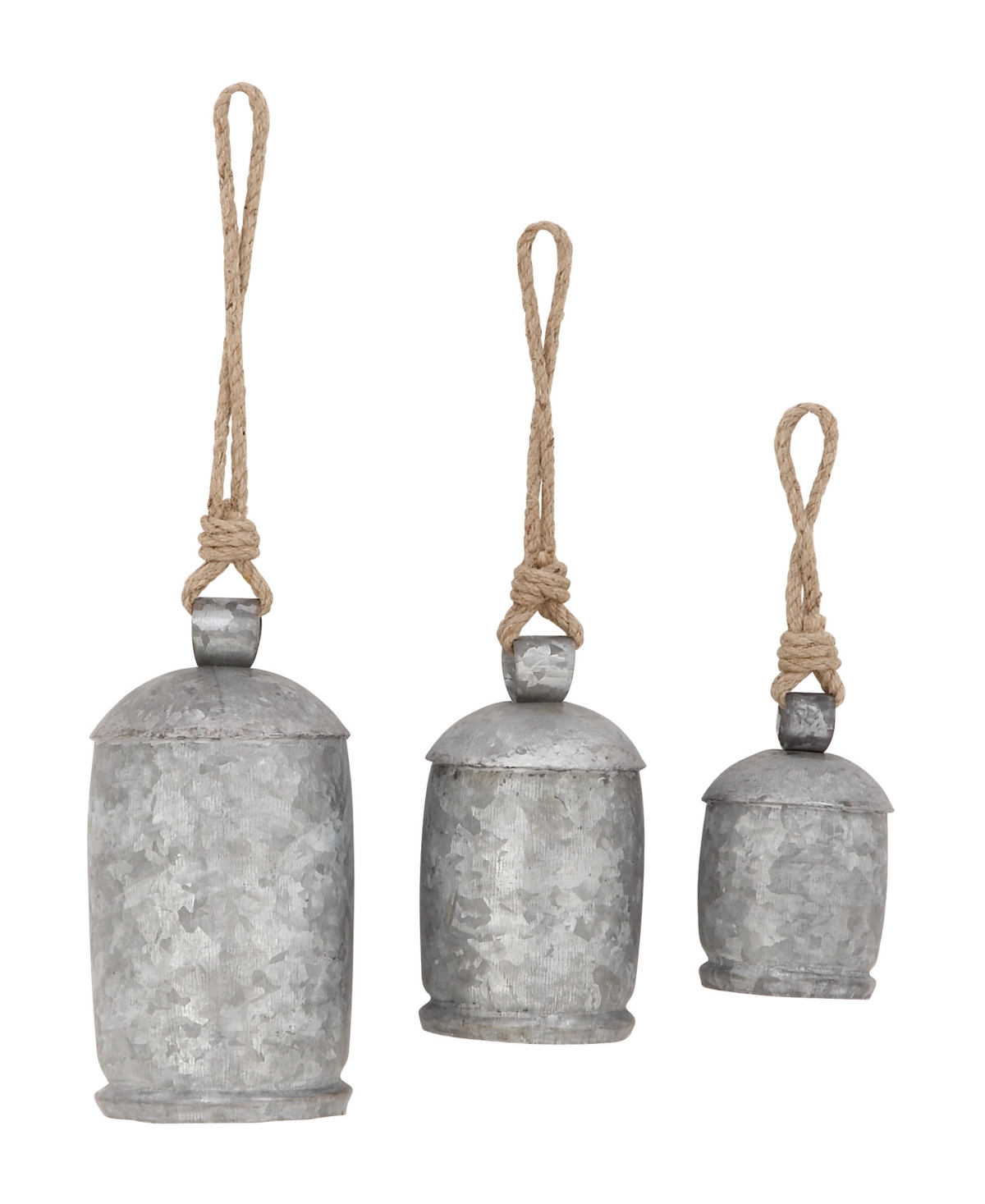 Rosemary Lane Bronze Metal Rustic Decorative Cow Bell With Jute Hanging Rope Set 3 Pieces In Gray