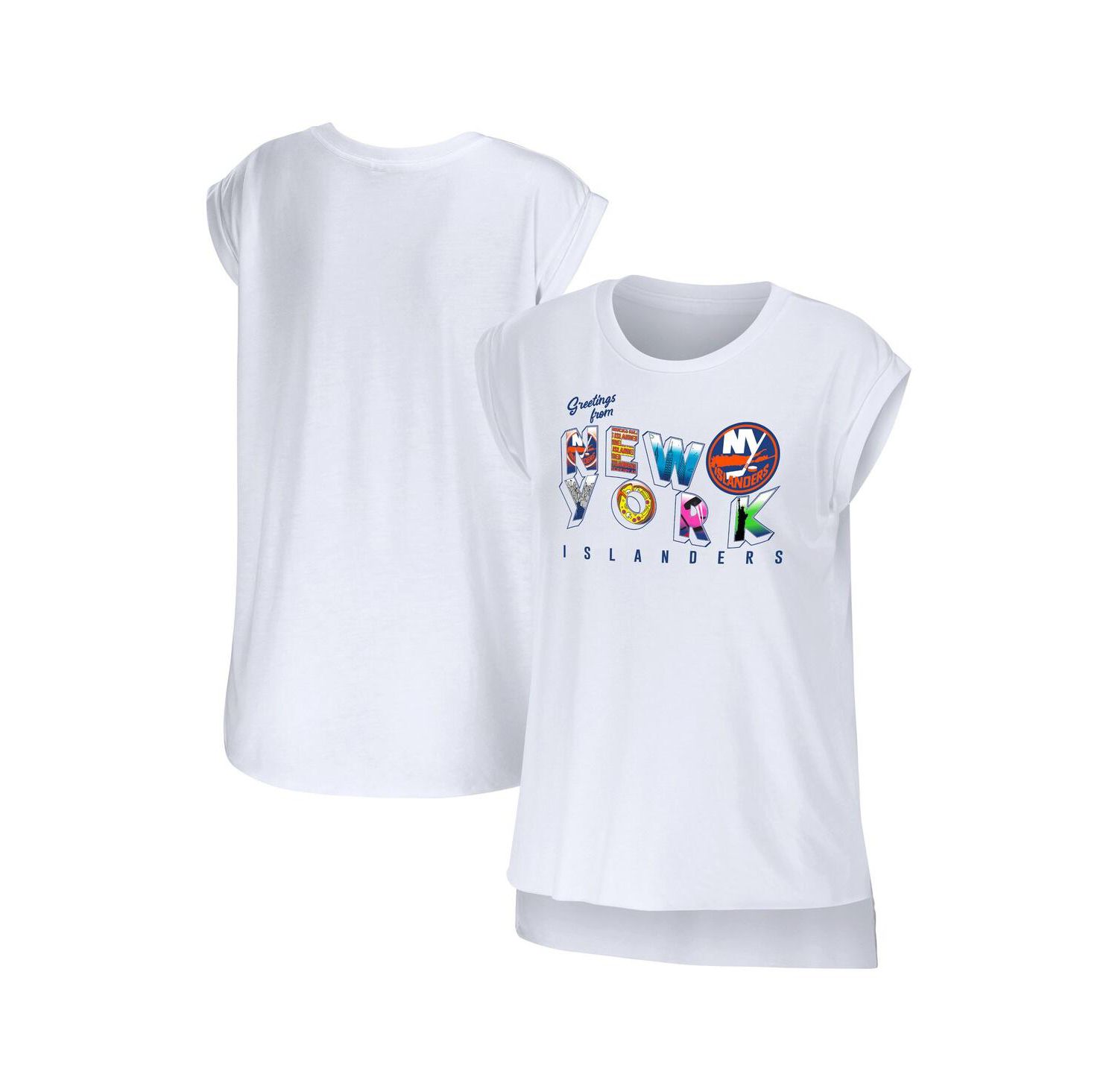 Women's White New York Islanders Greetings From Muscle T-shirt
