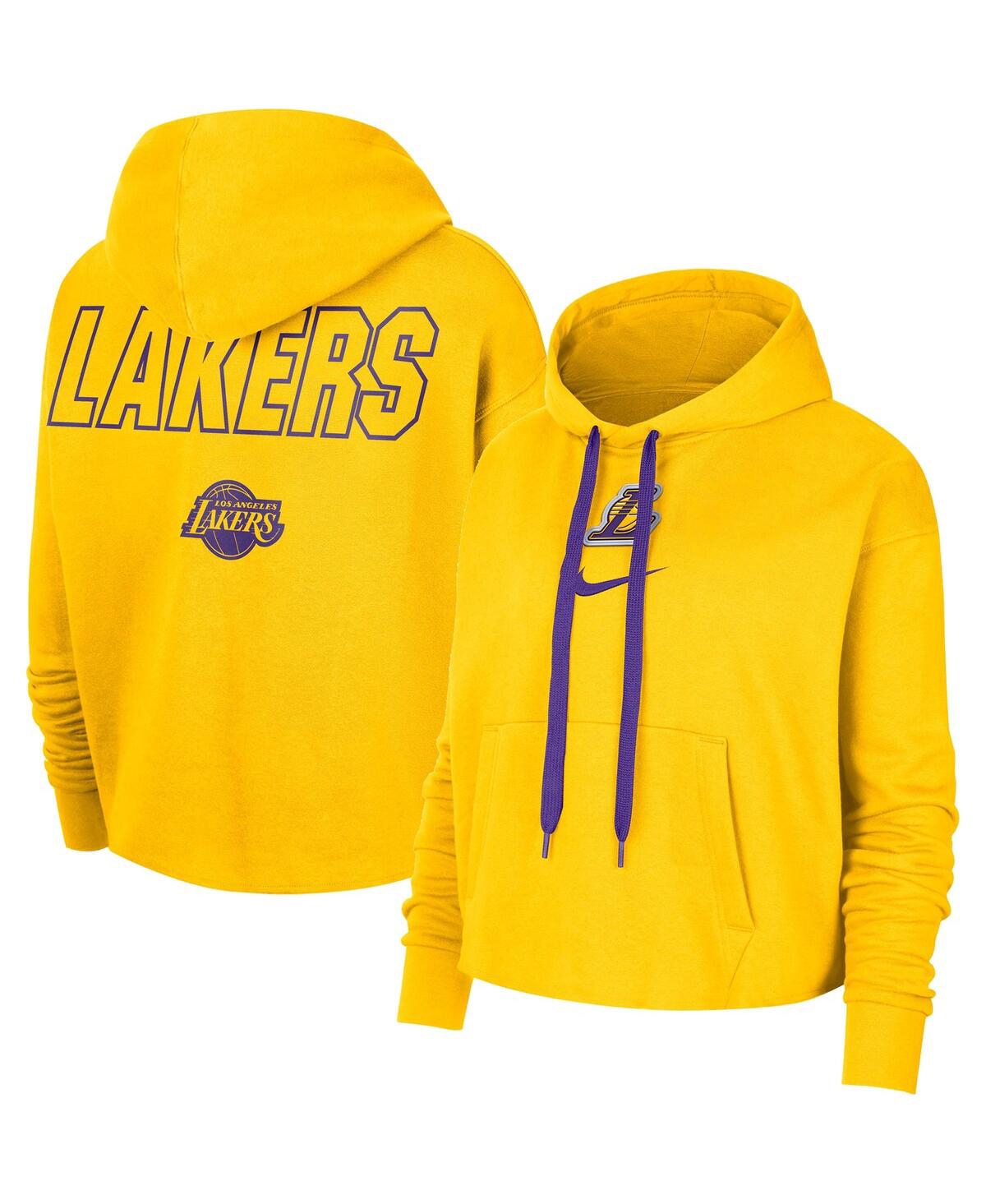 Shop Nike Women's  Gold Los Angeles Lakers Courtside Cropped Pullover Hoodie