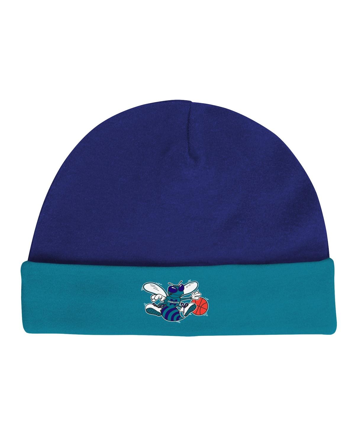 Newborn and Infant Boys and Girls Mitchell & Ness Teal Charlotte Hornets 3-Piece Hardwood Classics Bodysuits and Cuffed Knit Hat Set - Purple