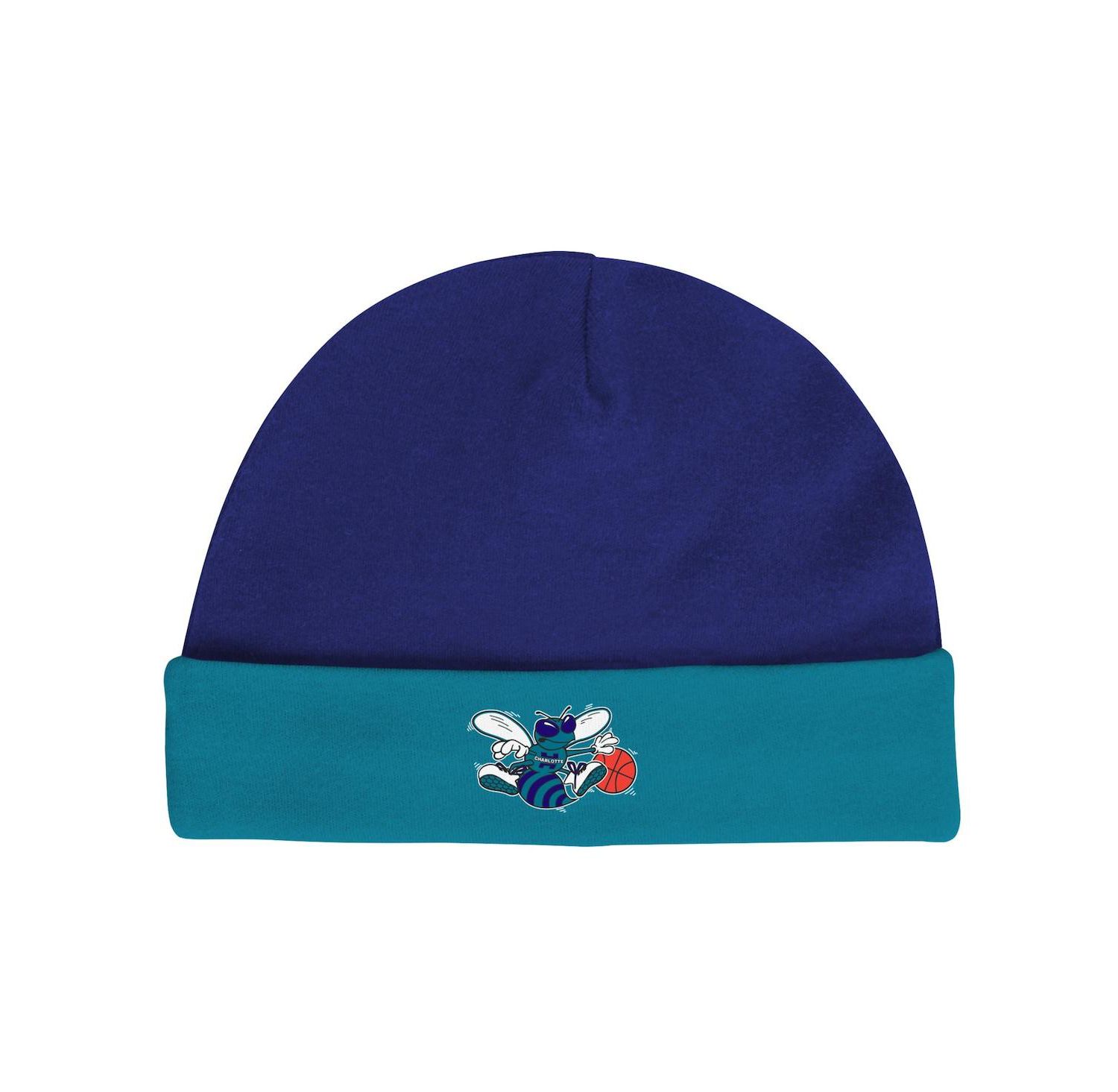 Newborn and Infant Boys and Girls Purple, Teal Charlotte Hornets 3-Piece Hardwood Classics Bodysuits and Cuffed Knit Hat Set