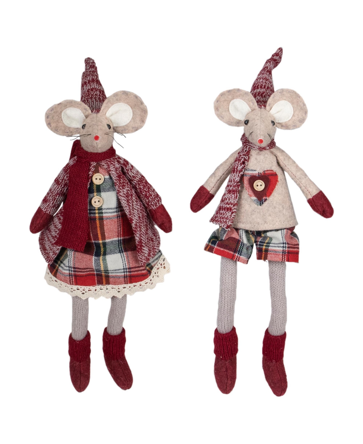 17" Boy and Girl Sitting Plush Christmas Mice Figures, Set of 2 - Red