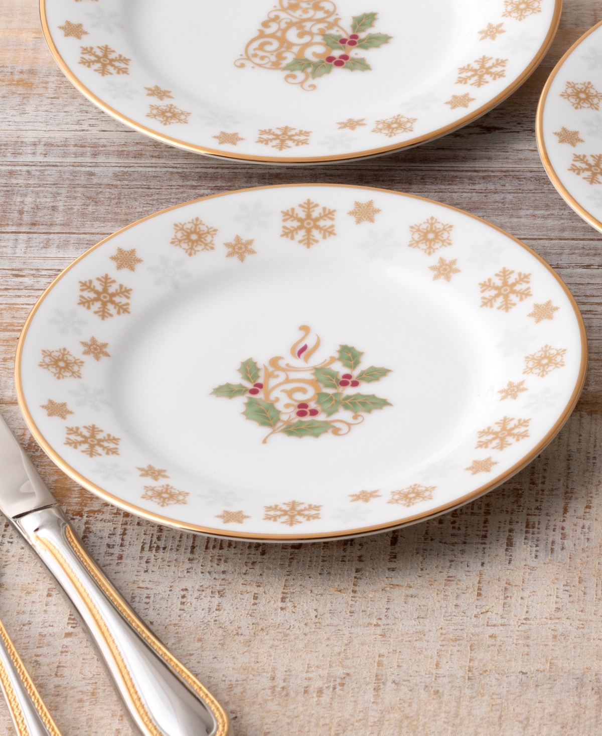 Noritake Holly Berry Gold Set Of 4 Assorted Appetizer Plates, 6-1/4"