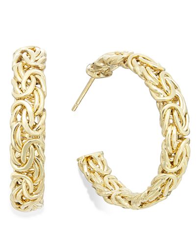 14k Real Gold Byzantine Hoop Earrings - 7/8" Round, Snap Closure (Yellow, Rose, White, Pink)
