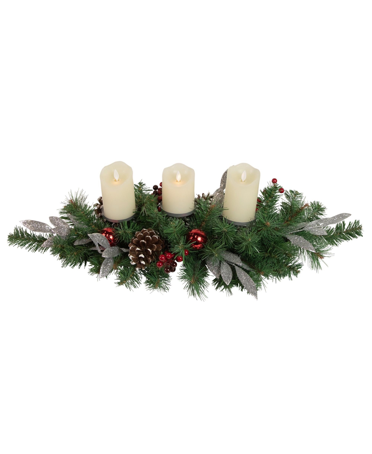 Frosted Pine Cone and Berries Artificial Christmas Candle Holder Centerpiece, 32" - Green