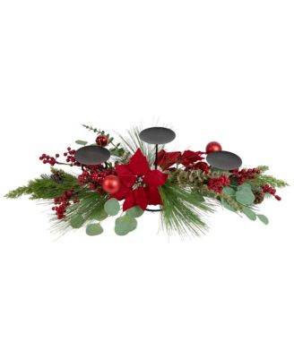 Triple Candle Holder With Berry and Poinsettia Christmas Decor, 32"