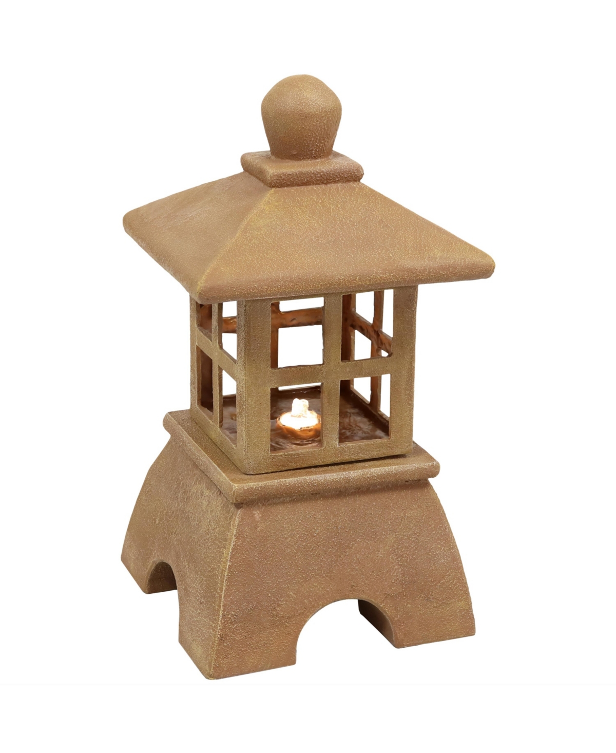 Asian Pagoda Resin Outdoor Water Fountain with Led Lights - 23 in - Light Brown