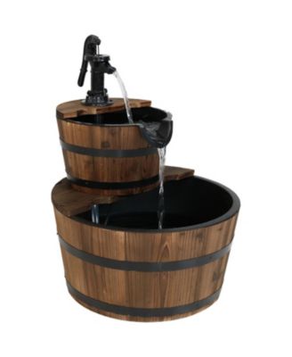 Country Wood Barrel 23-Inch 2-Tier Water Fountain - Electric Submersible Pump