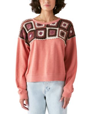 Lucky Brand Cotton Crochet Patch Yoke Pullover Sweater - Macy's