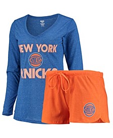 Women's Orange, Blue New York Knicks Long Sleeve T-shirt and Shorts Sleep Set