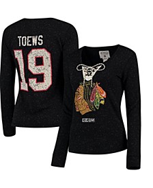 Women's Jonathan Toews Black Chicago Blackhawks Henley Lace Up Name and Number Long Sleeve T-shirt