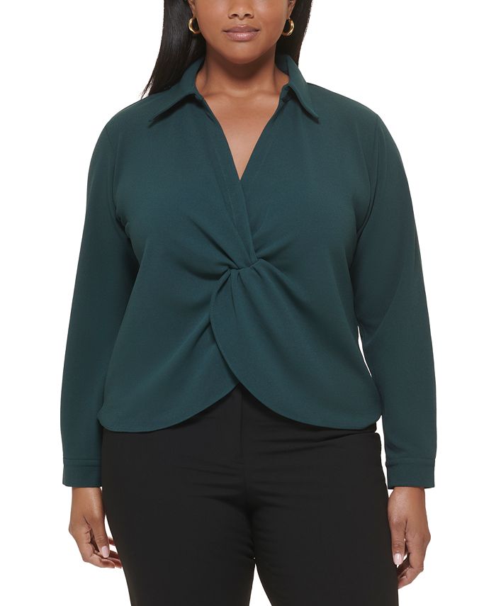 Calvin Klein Plus Size Solid Collared Twist-Front Top & Reviews - Tops -  Women - Macy's