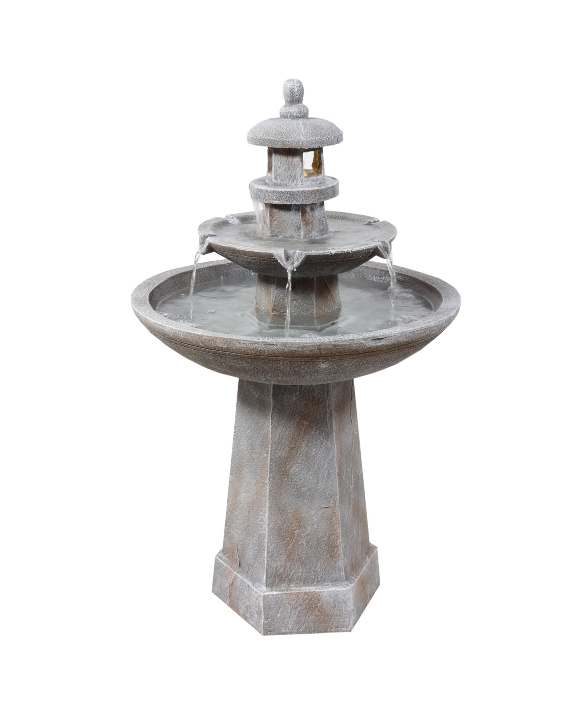 Pagoda Polyresin Outdoor 2-Tier Water Fountain with Lights - Grey