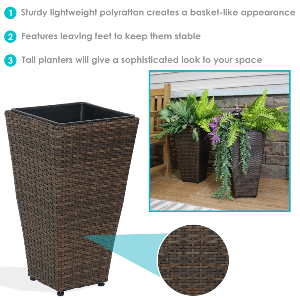 Sunnydaze Decor Polyrattan Tall Square Planter -- Set of 2 - Brown
