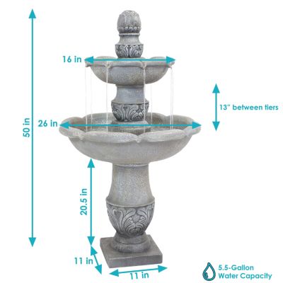 50-Inch 2-Tier French Garden Outdoor Water Fountain - Glass Fiber Reinforced Concrete Construction - Dusty Gray