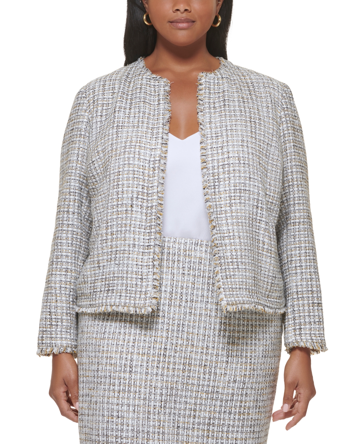 Calvin Klein Plus Size Tweed Open-Front Collarless Jacket