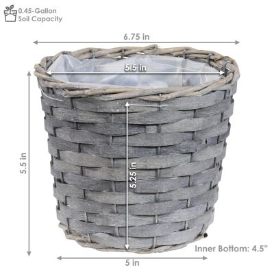 5-Piece Wicker Planter Basket Set - Indoor Use Only - Plastic Lined Flower Pots - Gray Poplar Construction with Steel Wire Frame - 6.75-Inch Diameter