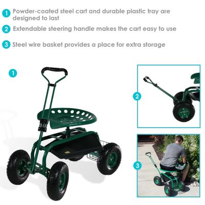 Garden Cart Rolling Scooter with Extendable Steering Handle - Swivel Seat and Utility Basket - Green