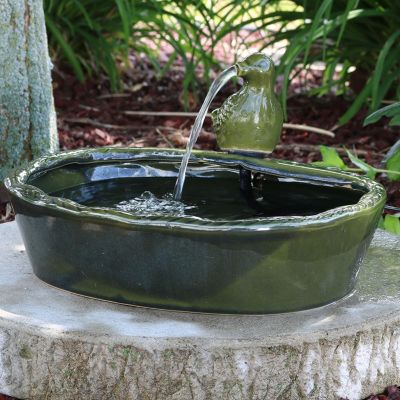 Outdoor Solar Powered Glazed Ceramic Dove Water Fountain with Submersible Pump and Filter - 7" - Green