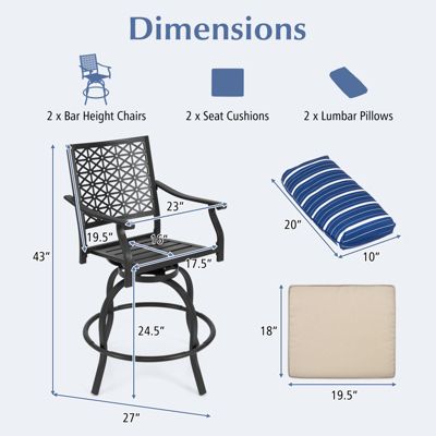 Set of 2 Patio Swivel Bar Stool Chairs Cushioned Pillow