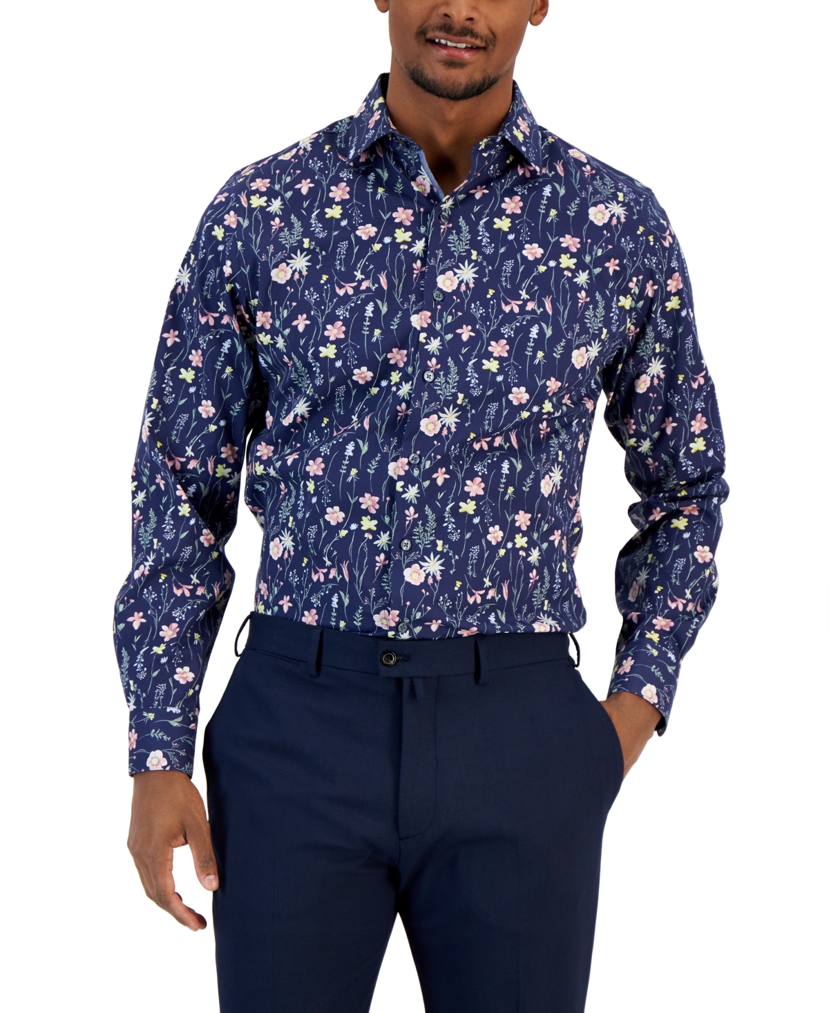 Bar Iii Men's Slim Fit Floral Print Dress Shirt, Created For Macy's In Navy Pink