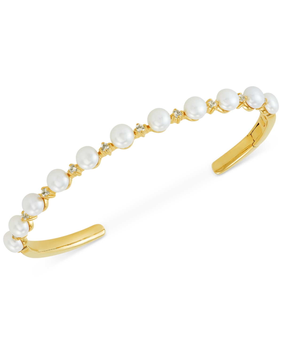 Honora Cultured Freshwater Button Pearl (5 - 5-1/2) & White Sapphire (5/8 Ct. T.w.) Cuff Bangle Bracelet In In Gold Over Silver