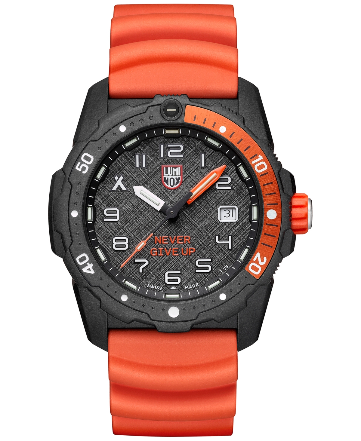 Luminox Men's Swiss Bear Grylls Survival Sea Series Never Give Up Dive Orange Rubber Strap Watch 42mm In No Color