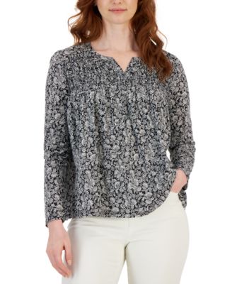 Style & Co - Petite Knit Smocked Long-Sleeve Top